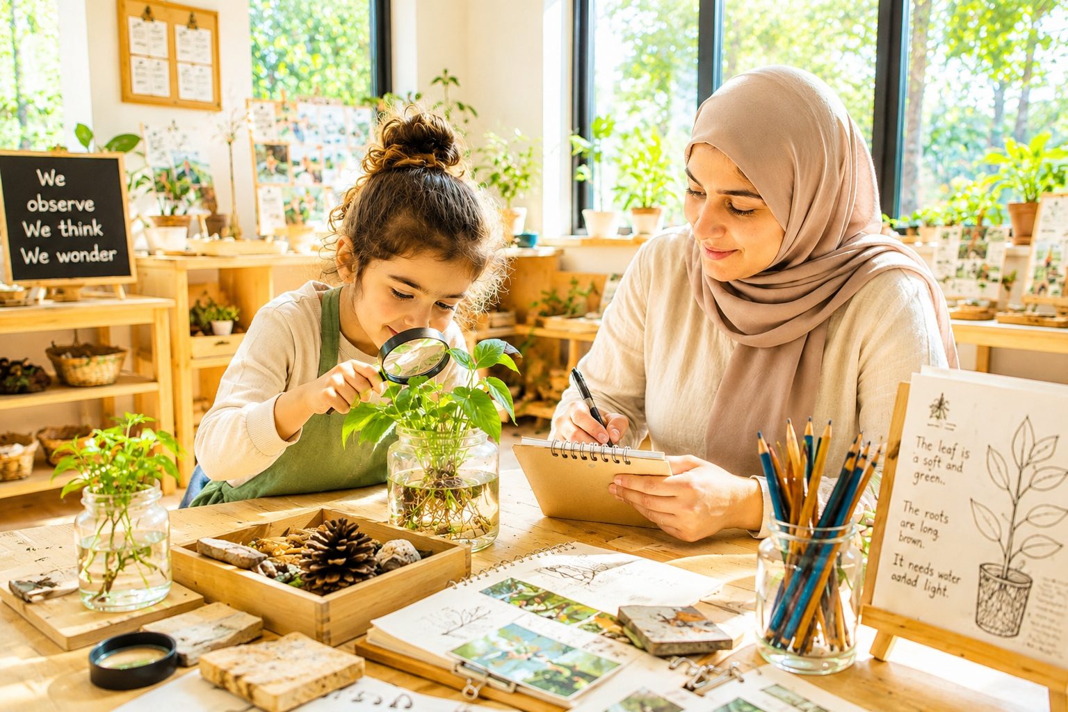 طفلة تستكشف نبتة بعدسة مكبّرة إلى جانب معلمتها التي توثّق الملاحظات في دفتر تأمّلها