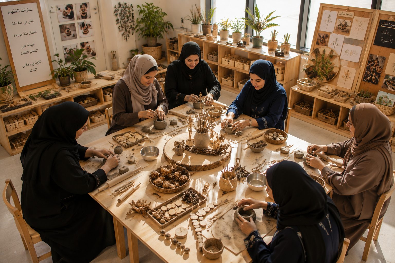 مجموعة معلمات في أتيليه المدرسة يستكشفن الطين والمواد الطبيعية أثناء تدريب مهني